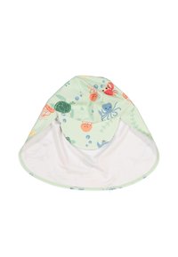 Hellgrüner Sonnenhut mit breiter Krempe, der mit einem bunten Unterwasserprint von Meerestieren wie Oktopussen und Schildkröten verziert ist, aus weichem Stoff gefertigt.