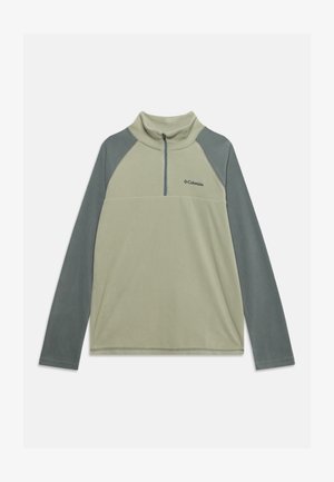 Lichtgroene en grijze Columbia fleece trui met lange mouwen en een kwartritssluiting bij de kraag, plat weergegeven op een effen achtergrond.