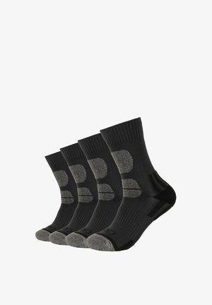 Schwarze und graue Crew-Socken im Viererpack, mit gerippter Textur, grauen gemusterten Akzenten sowie verstärkten Zehen- und Fersenbereichen.