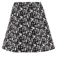 Una falda de patrón en blanco y negro con un diseño de línea A, que presenta una tela texturizada y un dobladillo acampanado. Tiene una cintura elástica.