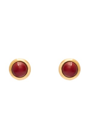 Pendientes de botón en tono dorado con piedras cabujón redondas rojas, superficie lisa y acabado pulido. Diseño minimalista para un uso versátil.