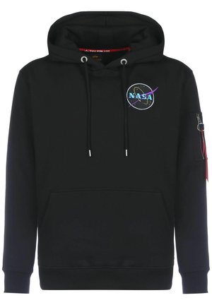 Schwarzer Baumwoll-Hoodie mit einem auf die Brust gestickten NASA-Logo, Kordelzugkapuze, Fronttasche und Reißverschluss-Ärmeltasche. Rotes Tag-Accent.