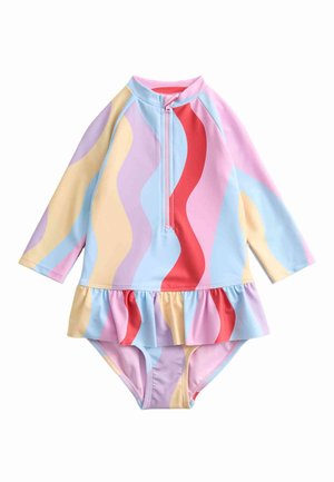 Dziecięcy strój kąpielowy z długim rękawem, ozdobiony pastelowymi, falującymi paskami w kolorach różowym, niebieskim, żółtym i czerwonym, z przednim suwakiem i falbaną na spódniczce.