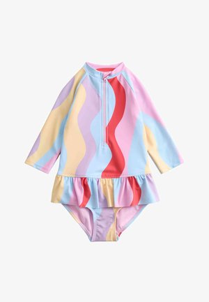 Traje de baño para niños de manga larga con rayas onduladas en tonos pastel de rosa, azul, amarillo y rojo, con cremallera frontal y detalle de falda con volantes.