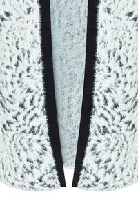 Koezie, witte cardigan met zwart luipaardprint, open voorkant en een stevige zwarte rand. Gemaakt van zachte, gestructureerde stof die comfortabel aanvoelt.