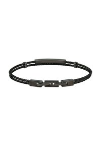 Černý zaplétaný náramek s hladkým centrálním akcentem a kovovými spojkami, kombinující texturu a elegantní designové prvky.