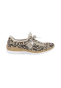 Sneaker con stampa leopardata caratterizzata da una tomaia in tessuto canvas testurizzato, lacci elastici, zip decorativa e una suola in gomma bianca con un sottopiede simile al sughero.