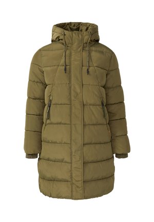Cappotto imbottito verde oliva con cappuccio, caratterizzato da sezioni a righe cucite in orizzontale, tasche con zip e regolazioni con cordino al collo.