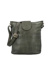 Borsa verde in pelle con una texture morbida, chiusura a patta, tracolla regolabile e tasca frontale. Forma quadrata con angoli arrotondati.