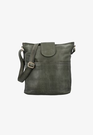 Žalias odinis maišelis su minkšta tekstūra, uždarymu ant klapo, reguliuojama dirželiu ir priekinėmis kišenėmis. Kvadratinė forma su apvalintais kampais.