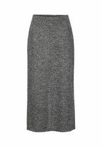 Grijze gebreide kokerrok met een aangesloten taille en rechte silhouette. Gladde textuur en middellange ontwerp, geschikt voor verschillende gelegenheden.