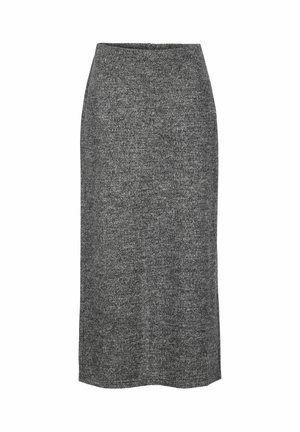 Grauer Strick-Bleistiftrock mit einer taillierten Taille und gerader Silhouette. Glatte Textur und mittellanges Design, geeignet für verschiedene Anlässe.
