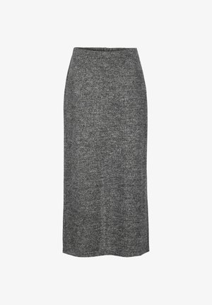 Grauer Strick-Bleistiftrock mit einer taillierten Taille und gerader Silhouette. Glatte Textur und mittellanges Design, geeignet für verschiedene Anlässe.