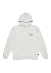 Lys grå fleece hættejakke med en frontlomme, justerbar snor i hætten og et multifarvet firkantet logo på venstre brystområde.