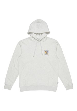 Light gray fleece hoodie with a front pocket, adjustable drawstring hood, and a multicolored square logo on the left chest area.