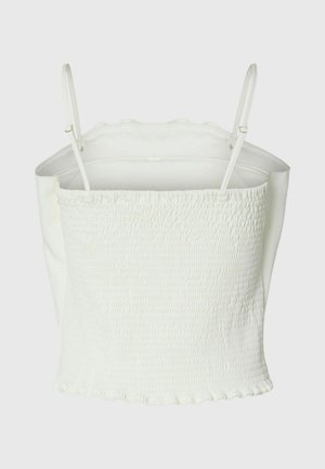 Top tube smock blanc avec fines bretelles spaghetti réglables et légère bordure à volants à l'ourlet sur fond uni.