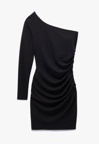 Robe noire asymétrique à une épaule avec un design ajusté, mettant en avant un tissu froncé d'un côté et une texture lisse. Manche longue sur la gauche.