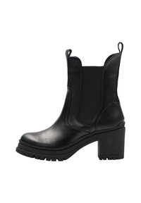 Botină din piele neagră, cu toc gros, panouri laterale elastice, mânere de prindere și talpă rugoasă, prezentată din partea exterioară.