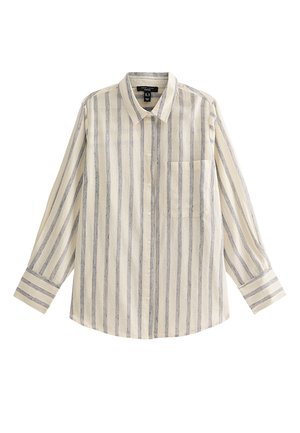 Overhemd met lange mouwen en knopen, met verticale beige en grijze strepen, puntige kraag, borstzak en manchetten aan de mouwen.