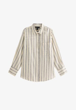 Long-sleeve button-up shirt with vertical beige and gray stripes, pointed collar, chest pocket, and cuffed sleeves.