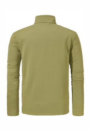 Olivgrüner Pullover mit langen Ärmeln und hohem Kragen. Verfügt über ein strukturiertes, geripptes Muster auf dem Stoff. Einfaches, funktionales Design.