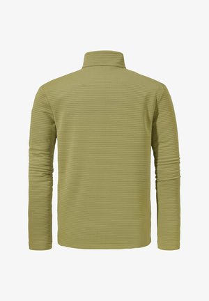 Olivgrüner Pullover mit langen Ärmeln und hohem Kragen. Verfügt über ein strukturiertes, geripptes Muster auf dem Stoff. Einfaches, funktionales Design.