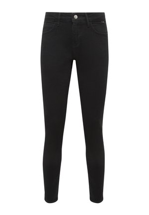 Slim-fit black jeans with five-pocket design and button closure, displayed against a white background.