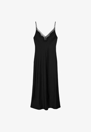 Black sleeveless dress with thin straps, featuring a lace-trimmed V-neckline and a flowy silhouette, made from soft fabric.