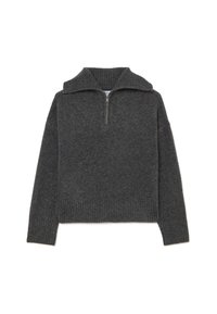 Suéter de mezcla de lana en gris oscuro, con cuello acanalado y cremallera de 1/4. Presenta un corte holgado y dobladillo y puños acanalados para añadir textura.