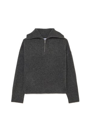 Dark grey, wool blend pullover with a ribbed collar and 1/4 zip. Features a relaxed fit and ribbed hem and cuffs for texture.