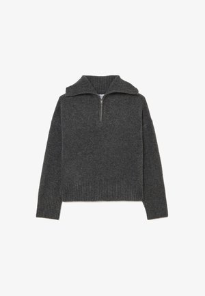 Dark grey, wool blend pullover with a ribbed collar and 1/4 zip. Features a relaxed fit and ribbed hem and cuffs for texture.