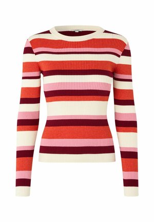 Ribbede langærmet sweater med brede, vandrette striber i rød, pink og creme. Klassisk rund halsudskæring og tætsiddende silhuet.