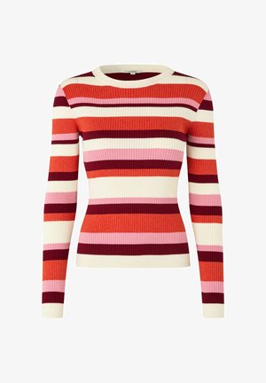 Pikad varrukad ja soonikuga kampsun, millel on laiad horisontaalsed triibud punase, roosa ja kreemja toonides. Klassikalise ümmarguse kaelusega ja liibuv siluett.