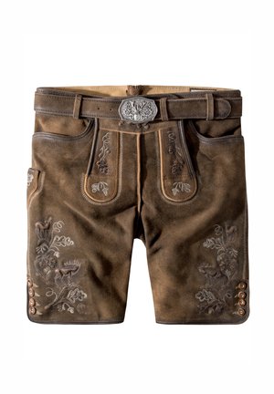 Brune ruskinds shorts med broderede blomster mønstre i beige, med bælte og knapper på siden, der fremhæver et traditionelt design.