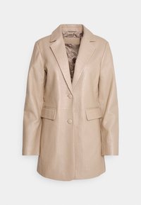 Beige bleiser jacket, joka on krokotiili-textuurilla, yksinkertainen napitus, läpät, kaksi etutaskua ja sileä satiinivuori.