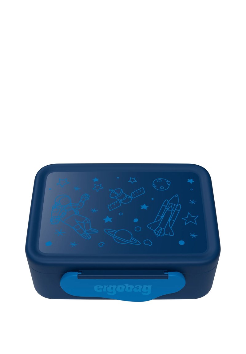 Blaues rechteckiges Brotdose mit einem strukturierten Deckel, der hellblaue, raumthematische Illustrationen von Sternen, Astronauten und Raketen zeigt.