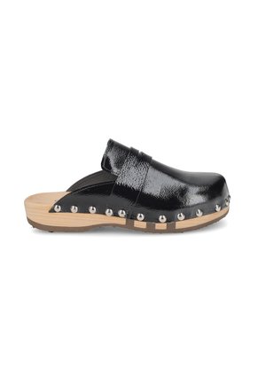 Black patent leather clog with wooden sole, metallic studs along the edge, and open back slip-on design.