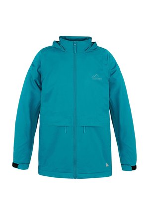 Türkiser wasserdichter Jacke mit Reißverschluss, verstellbarer Kapuze, elastischen Bündchen und einem dezenten Logo auf der Brust. Verfügt über zwei Fronttaschen.