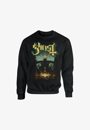 Svart hettegenser med et detaljert grafisk design av en spøkelsesaktig figur, med ordet "Ghost" i fet grønnsrift. Glatt stoff, design med rund hals.