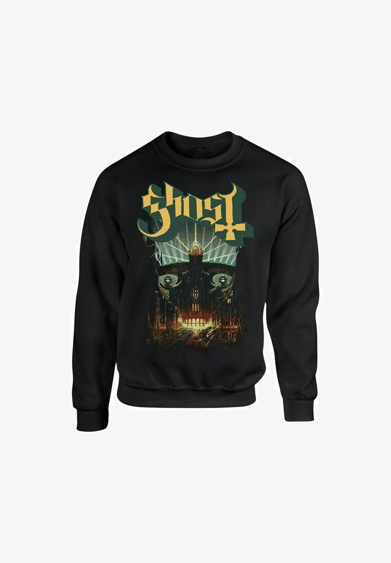 Svart hettegenser med et detaljert grafisk design av en spøkelsesaktig figur, med ordet "Ghost" i fet grønnsrift. Glatt stoff, design med rund hals.