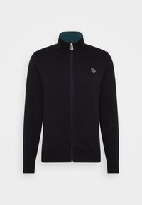 Cardigan negro de cremallera completa con cuello y puños acanalados, que presenta un pequeño logo de cebra multicolor bordado en el lado izquierdo del pecho.