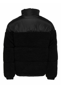 Chaqueta de plumas negra con la mitad inferior de forro polar suave y texturizado y la sección superior lisa y brillante. Incluye una cintura elástica y puños.