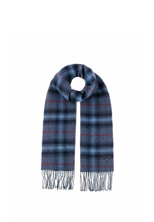 Blue and black plaid wool scarf with red lines, looped in a circle, featuring fringed ends against a white background.