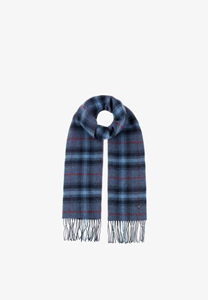Blue and black plaid wool scarf with red lines, looped in a circle, featuring fringed ends against a white background.