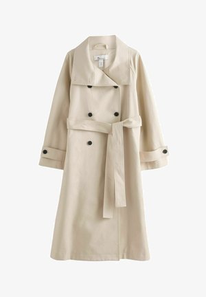 Beige Trenchcoat aus einem glatten Material, mit einem weiten Kragen, doppelt geknöpftem Vorderteil mit schwarzen Knöpfen und einem gebundenen Gürtel in der Taille.