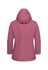 Veste rose imperméable avec capuche et manches longues. Fabriquée en tissu lisse avec un design simple et fonctionnel, sans matériel visible.