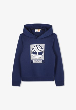 Hoodie blu navy in cotone, con logo bianco di un albero e testo "Timberland" sulla parte anteriore. Polsini e bordo a costine. Vestibilità standard.