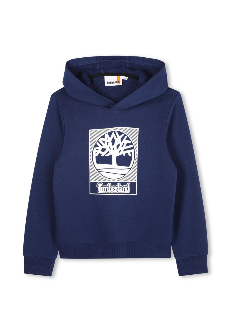 Hoodie blu navy in cotone, con logo bianco di un albero e testo "Timberland" sulla parte anteriore. Polsini e bordo a costine. Vestibilità standard.