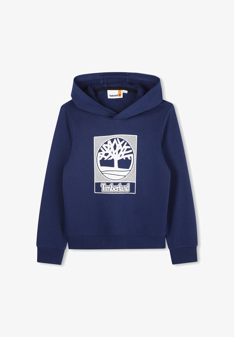 Hoodie blu navy in cotone, con logo bianco di un albero e testo "Timberland" sulla parte anteriore. Polsini e bordo a costine. Vestibilità standard.