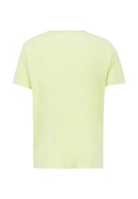 Hellgrünes Baumwoll-T-Shirt mit kurzen Ärmeln und Rundhalsausschnitt. Der Rücken ist schlicht, und der Stoff hat eine glatte Textur.